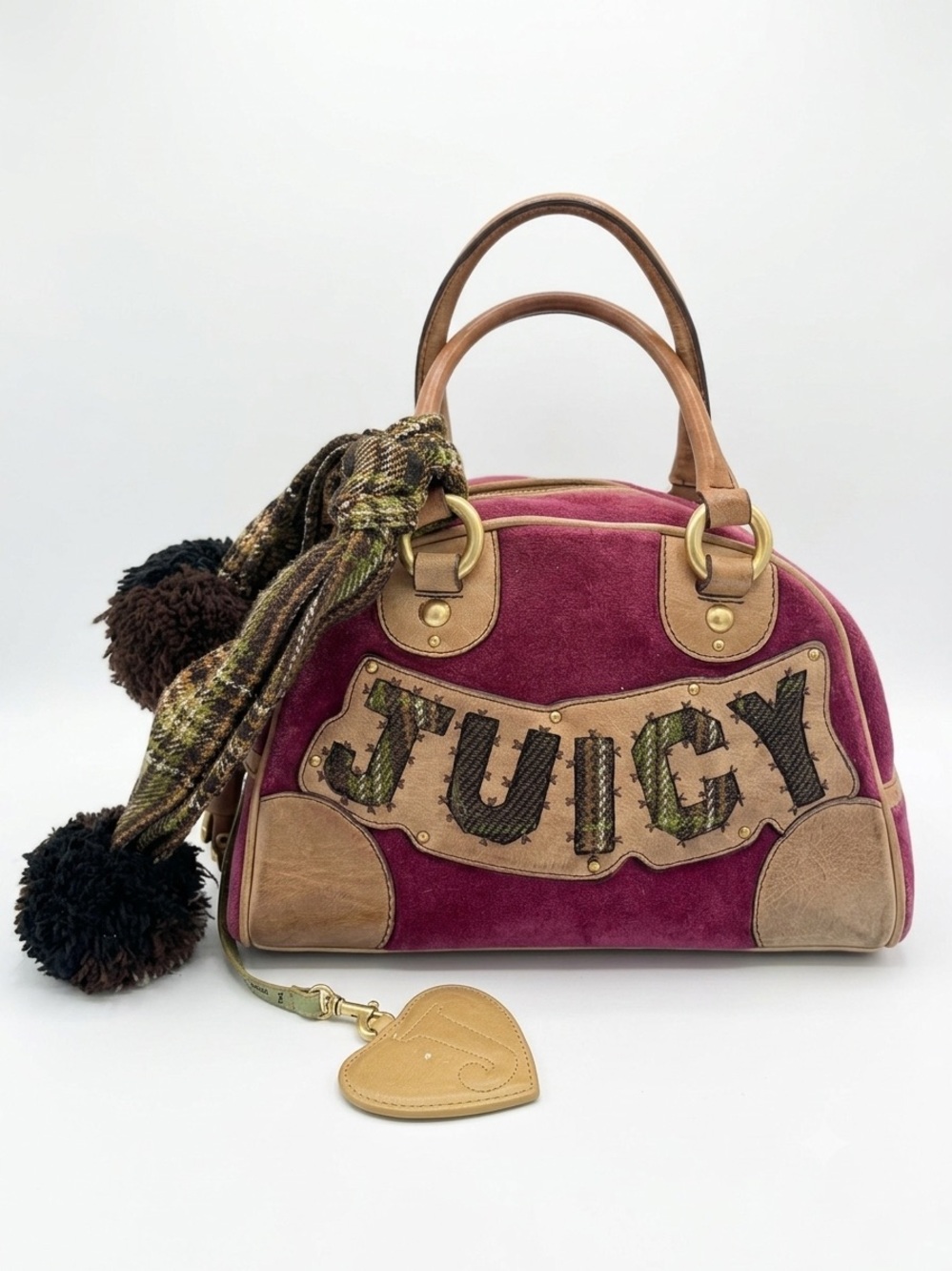 RARE Vintage Y2K Juicy Couture Velour "J" Heart Boston Bag + Pom & Mirror (2004) - Picture 1 of 16